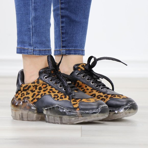 Animal Leopard Print Women's Fashion Chunky Heel Sneakers Shoes - Picture 2 of 15